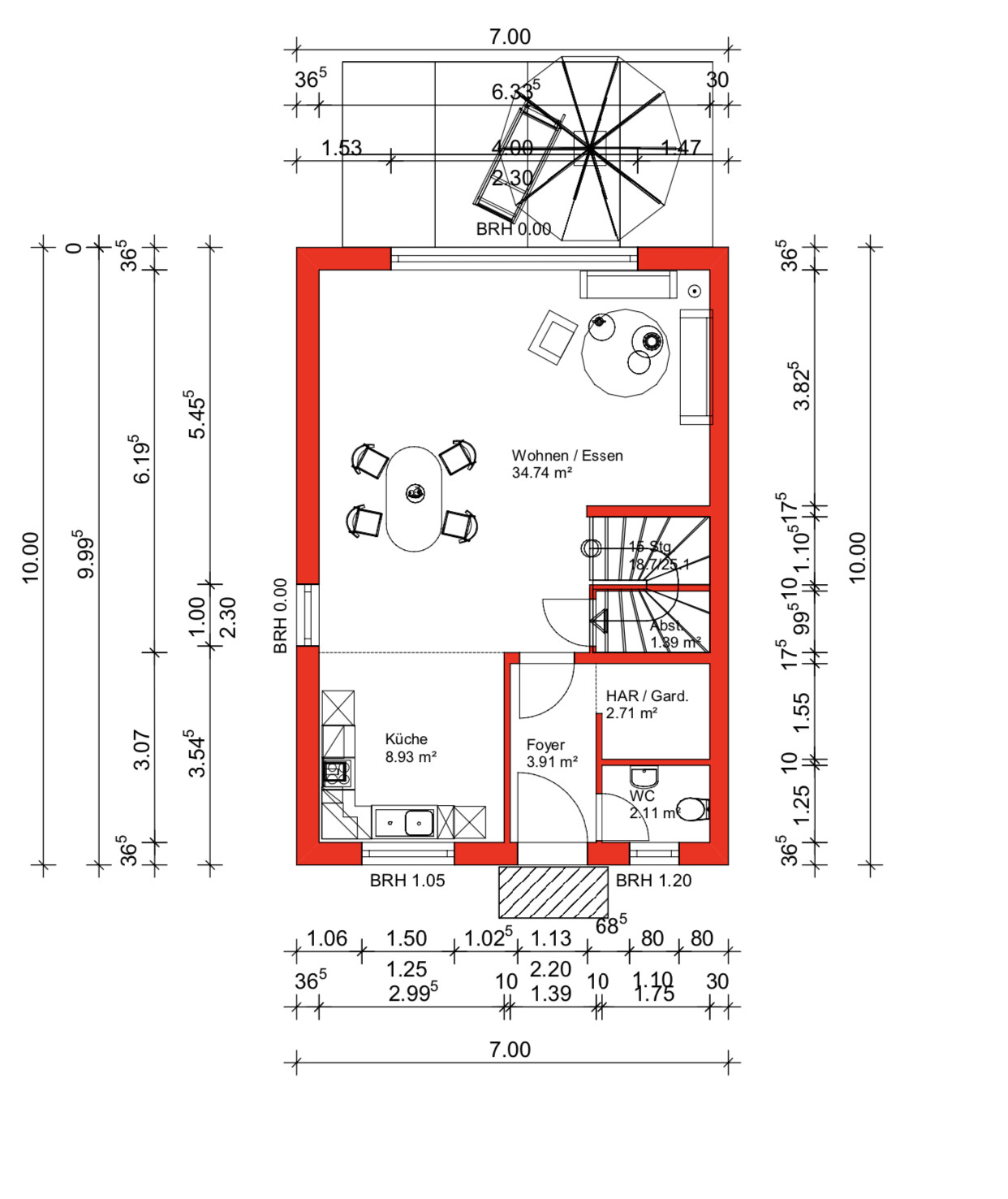 Grundriss eines Wohn- und Essbereichs mit Küche, Flur, WC, Treppenhaus; rote Außenwände.