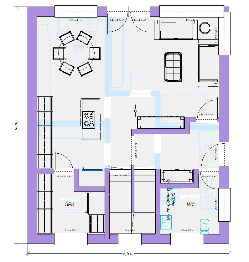 Grundriss eines Wohnhauses: Küche mit Insel, Essbereich, Wohnzimmer, Flur, Treppenhaus, WC.