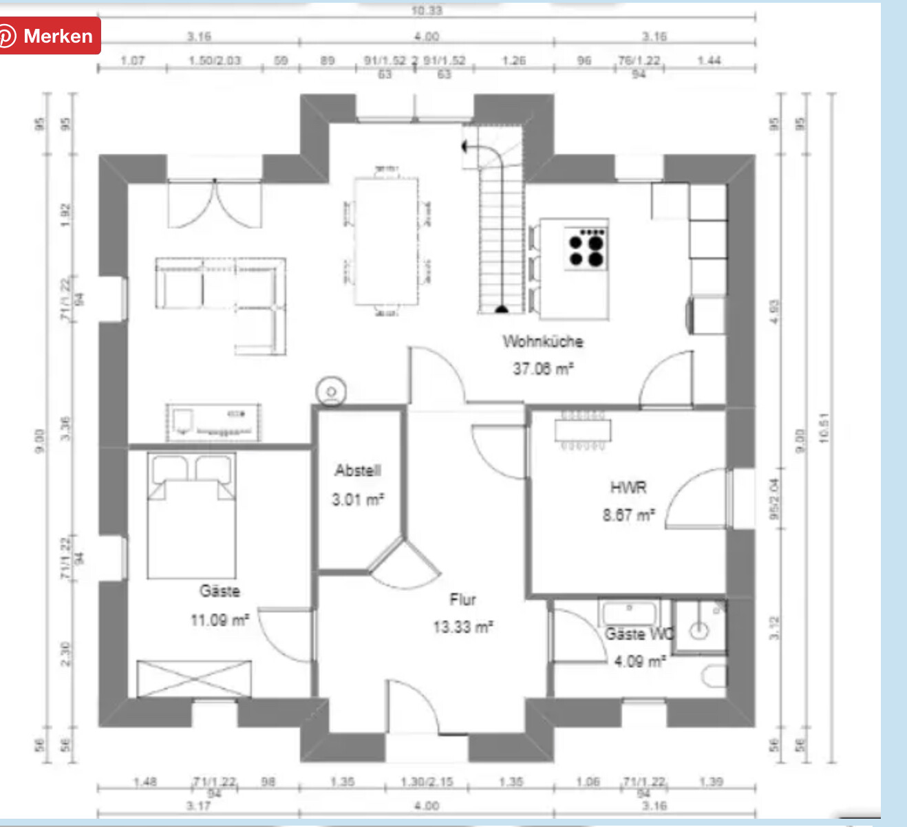 Grundriss eines Hauses mit Wohnküche, Flur, Gäste, Abstell, HWR und Gäste-WC.