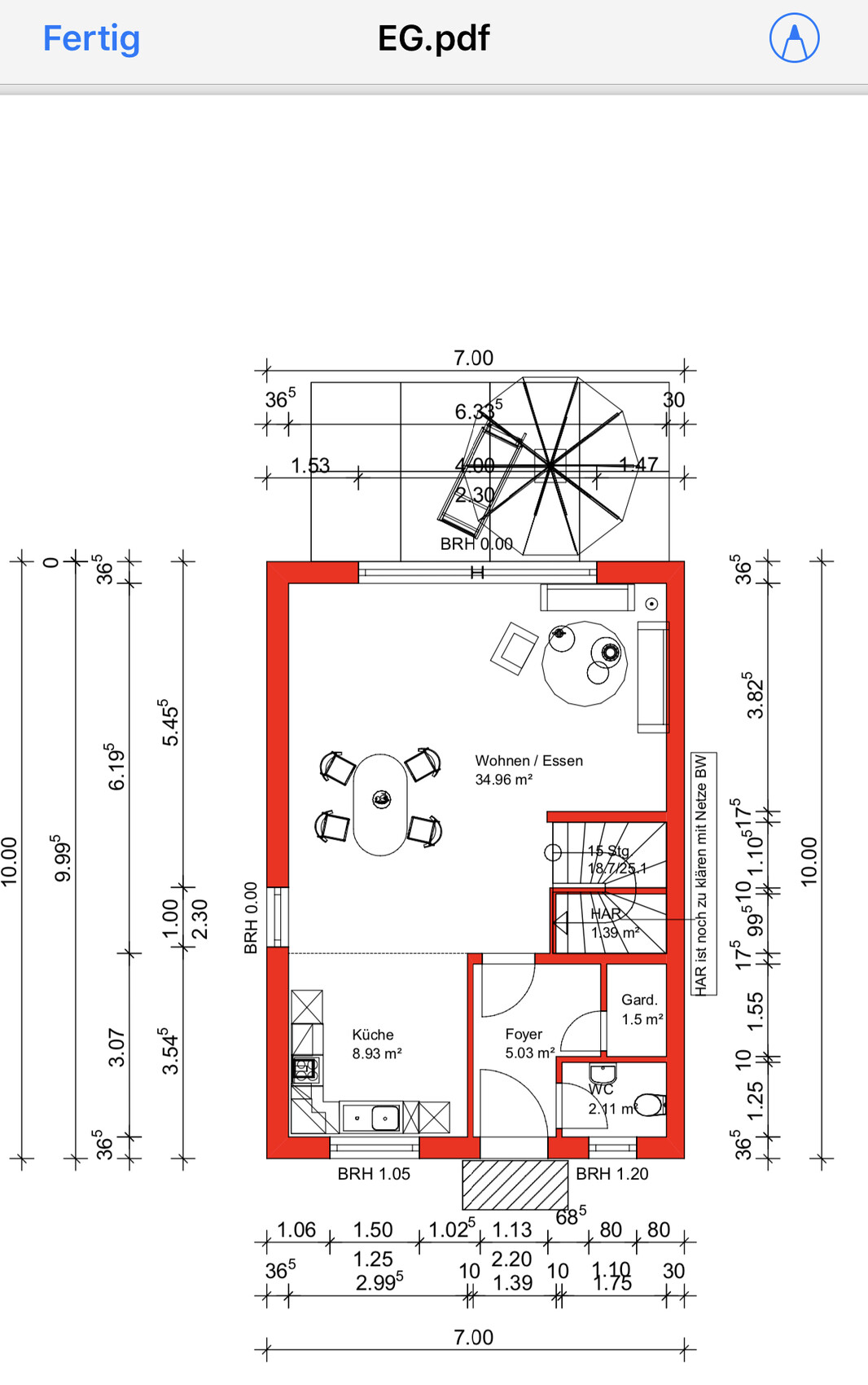 Grundriss einer Wohnung: Küche, Wohn-/Essbereich und Foyer, rote Innenwände.