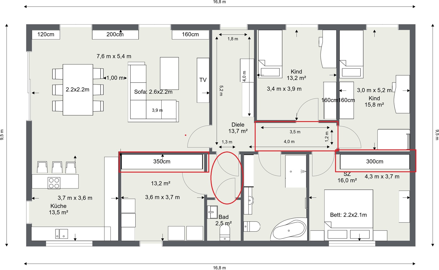 Grundriss einer Wohnung mit Küche, Wohnzimmer, Flur, Bad, Kind- und Schlafzimmer.