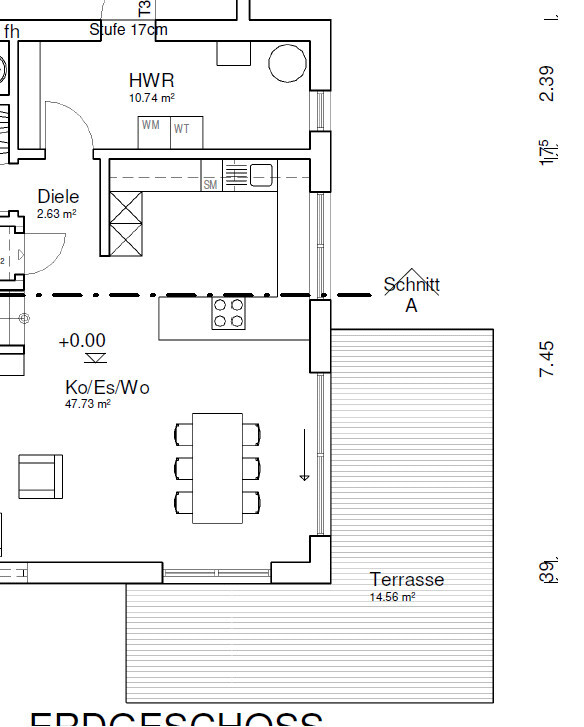 Grundriss Erdgeschoss: Offener Küchen-, Ess- und Wohnbereich mit Diele, HWR und Terrasse.