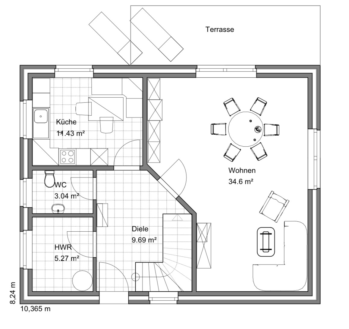 Grundriss einer Wohnung: Küche, Diele, WC, HWR, Wohnen und Terrasse.