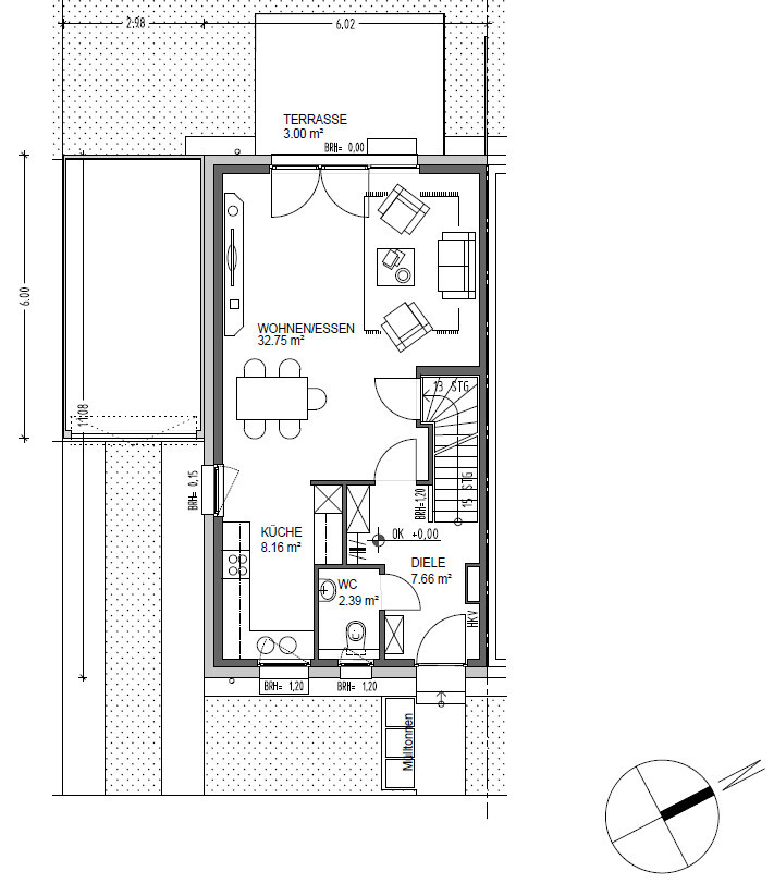 Grundriss Erdgeschoss: Wohnen/Essen, Küche, Diele, WC, Treppe, Terrasse
