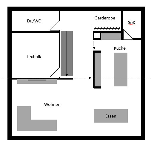 Grundriss eines Apartments: Wohnen, Essen, Küche, Technik, Garderobe, Du/WC, SpK.