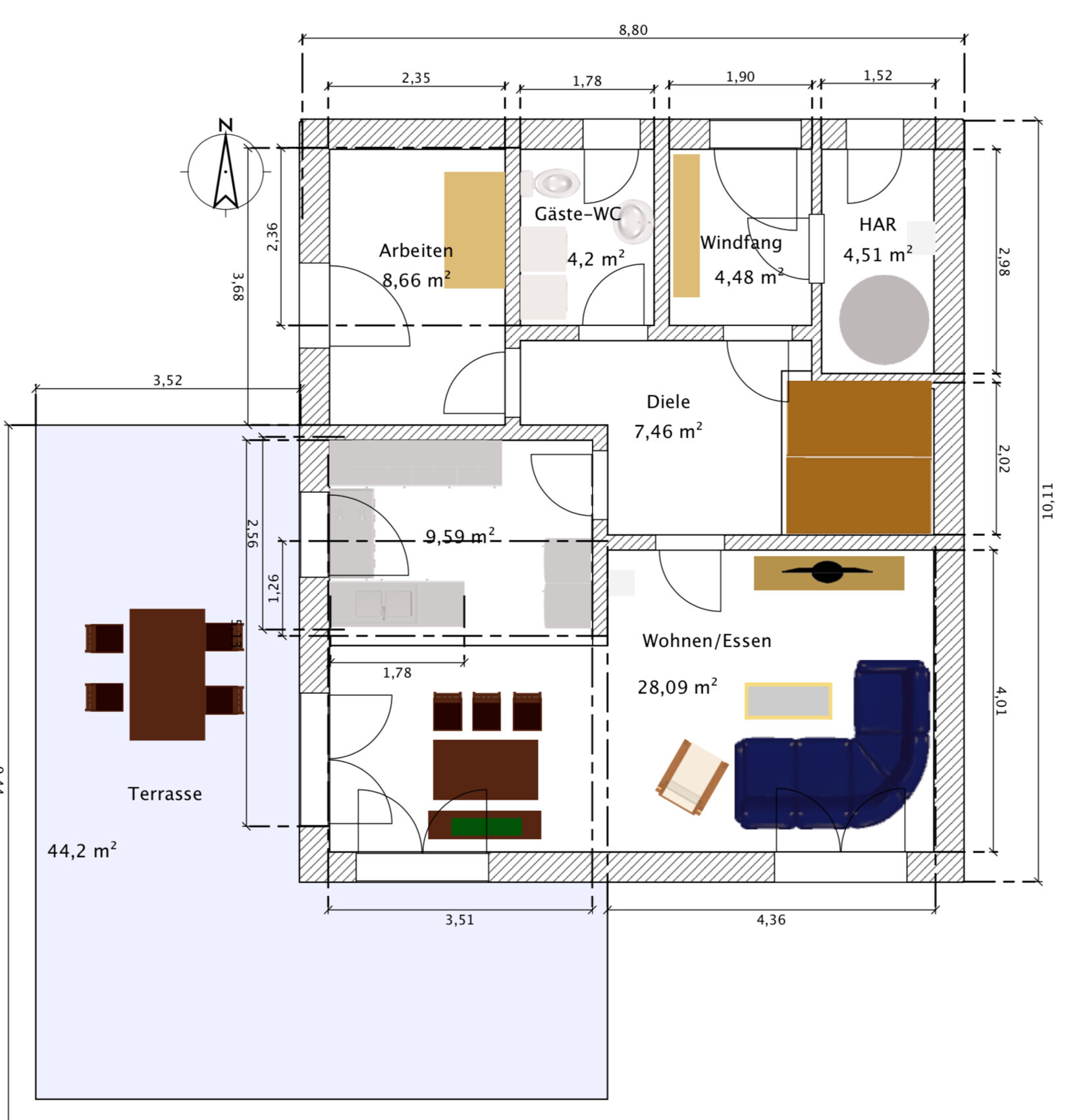 Grundriss eines Hauses mit Terrasse links; Räume: Arbeiten, Gäste-WC, Diele, Wohnen/Essen.