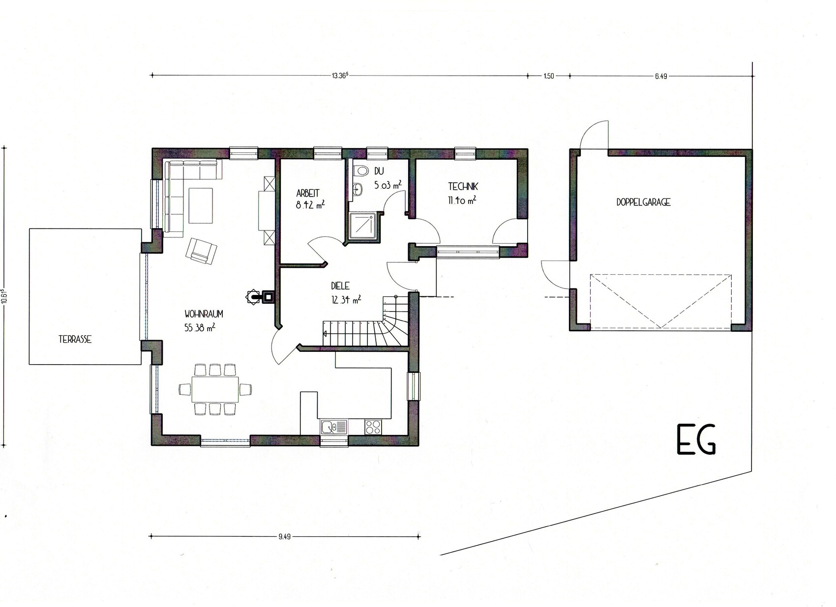 2D-Grundriss eines Hauses mit Wohnraum, Küche, Diele, Treppe, Terrasse und Garage.