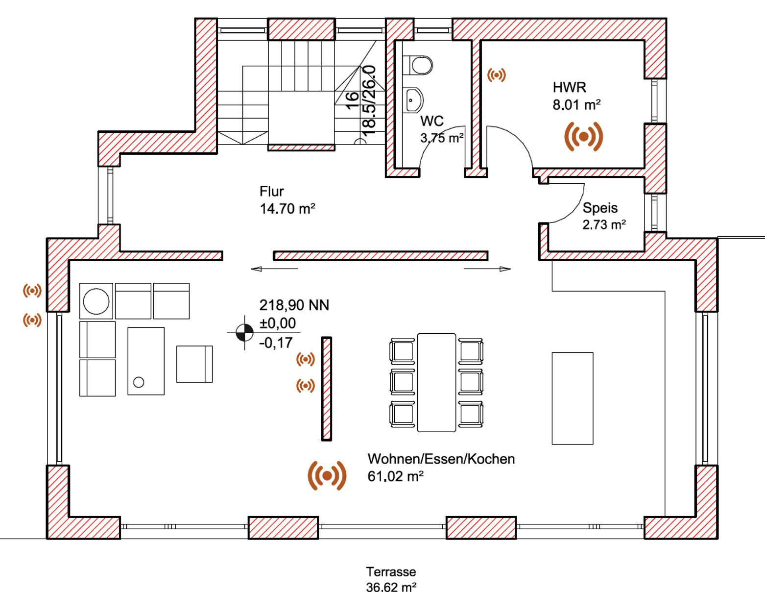 Grundriss einer Wohnung mit Flur, WC, HWR, Speis, Wohn-/Ess-/Kochbereich und Terrasse.