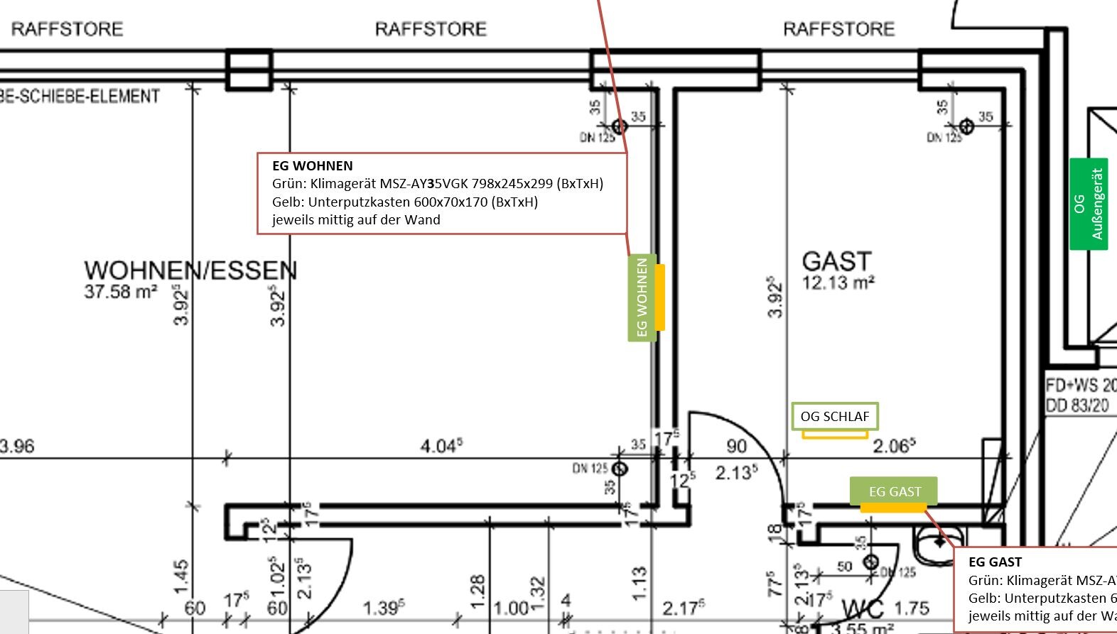 Grundriss einer Wohnung mit EG/WOHNEN, OG SCHLAF, GAST und Klima-/Elektro-Hinweisen.