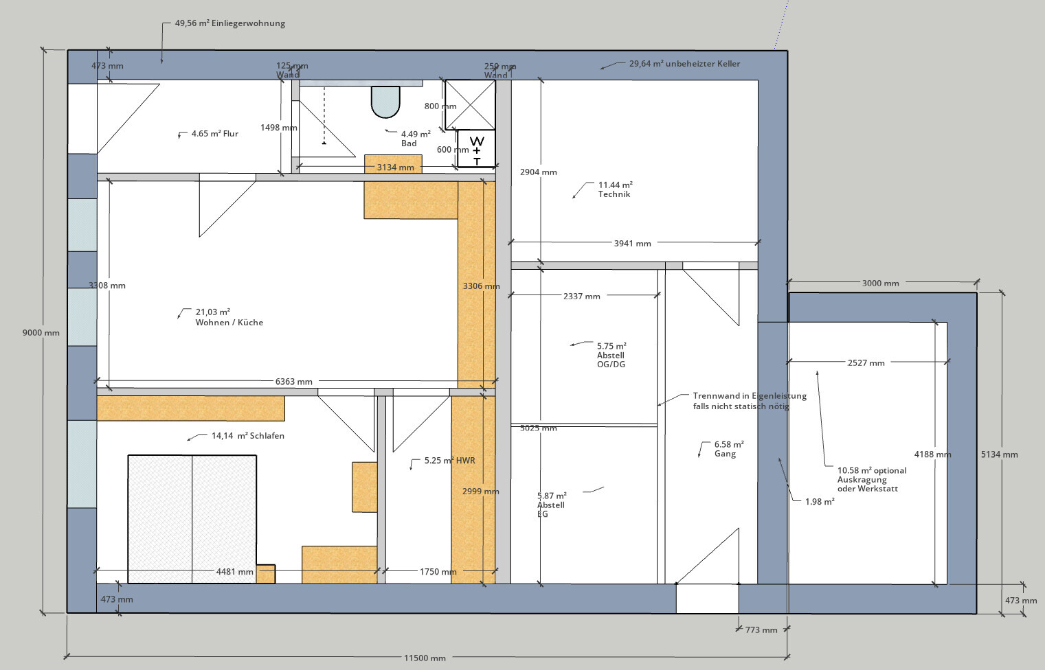 Grundriss einer Wohnung: Flur, Wohnen/Küche, Schlafen, Bad, Technik und Abstellräume.