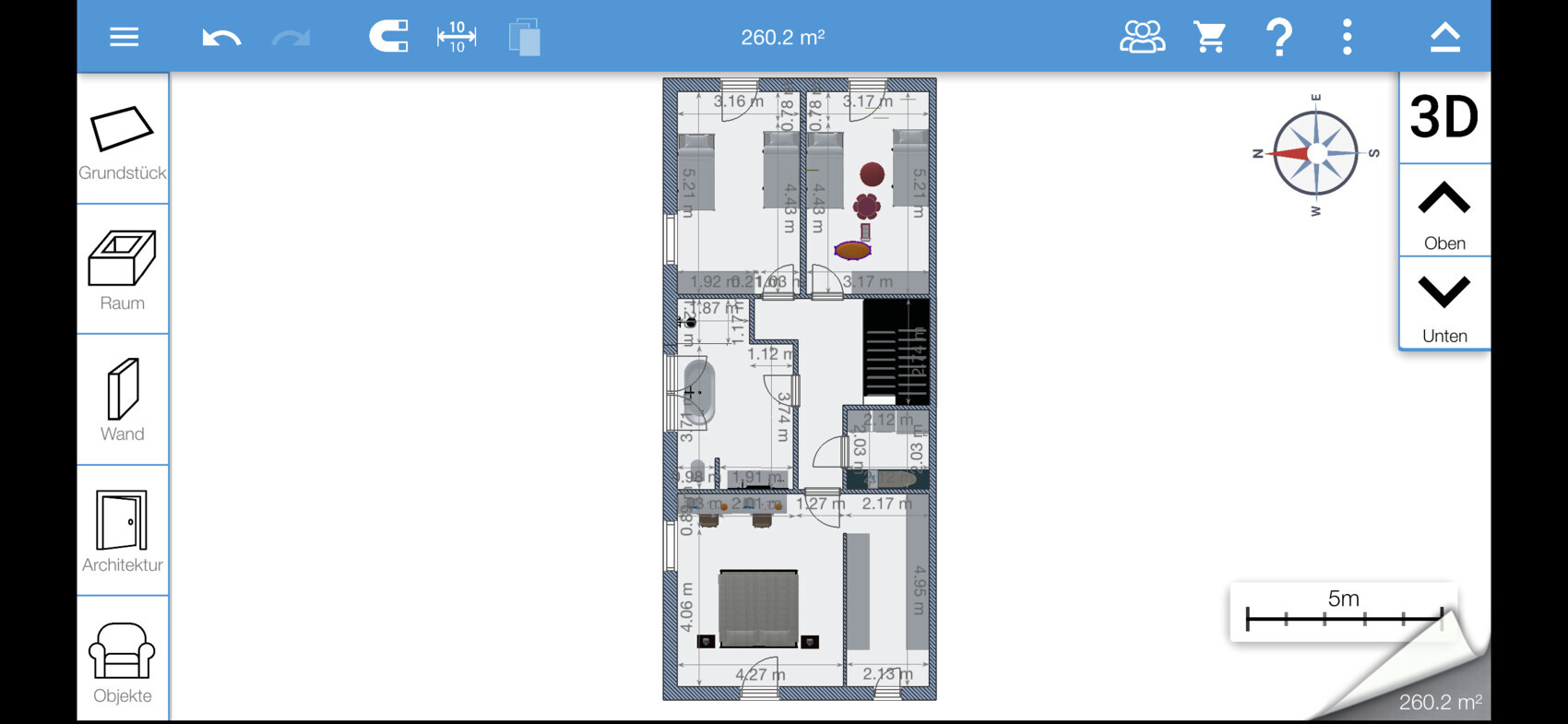 Grundriss einer Wohnung mit Schlafzimmer, Küche, Wohnzimmer, Bad und Flur; Maßangaben sichtbar