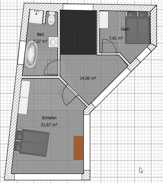 2D Grundrissplan einer Wohnung mit Schlafzimmer, Bad, Gastzimmer und Flur