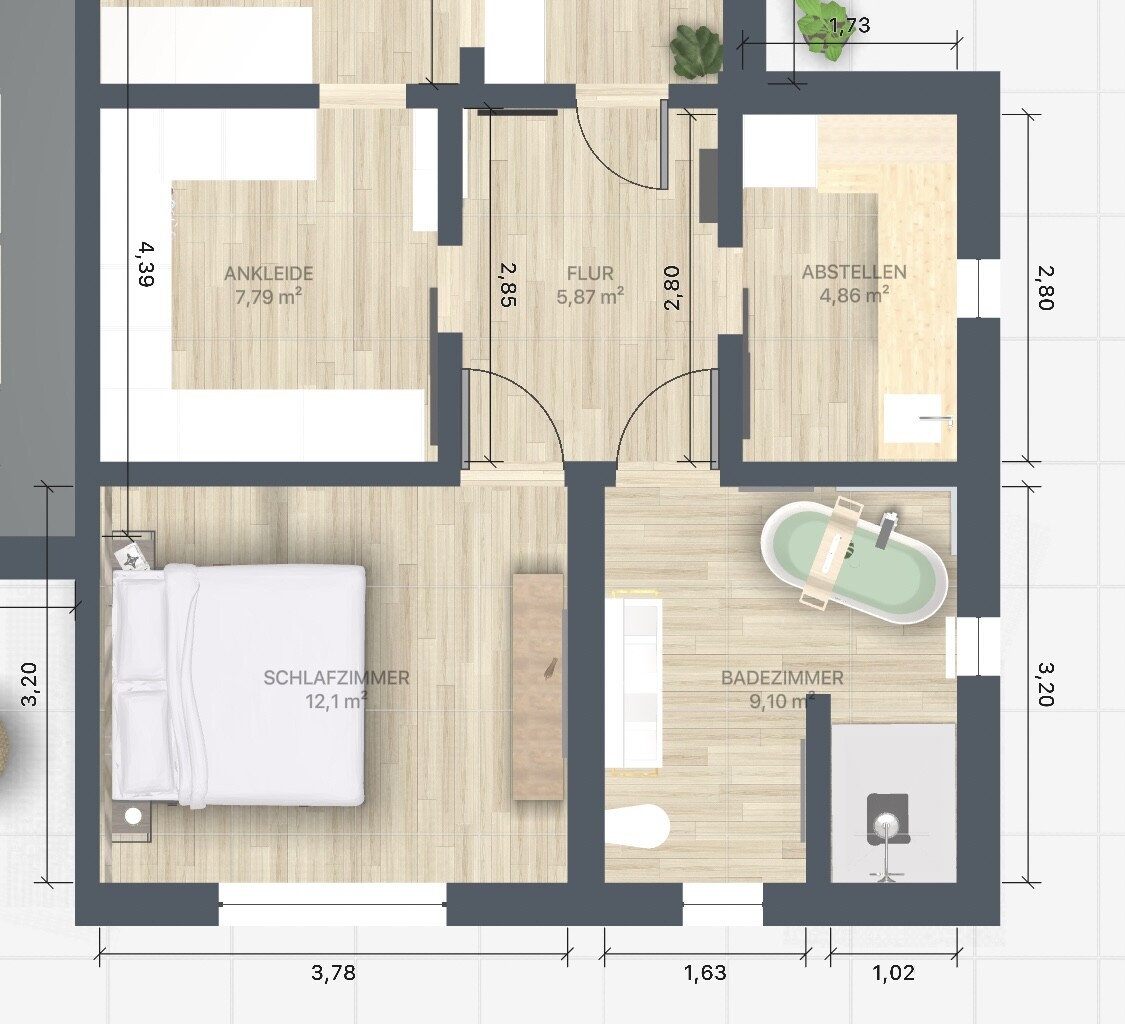 Grundriss eines Apartments: Schlafzimmer, Ankleide, Flur, Abstellraum, Bad mit Badewanne