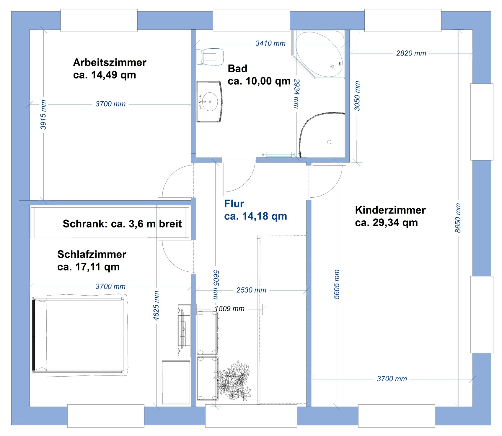 Grundriss einer Wohnung: Arbeitszimmer, Schlaf- und Kinderzimmer, Bad und Flur mit Maßen.