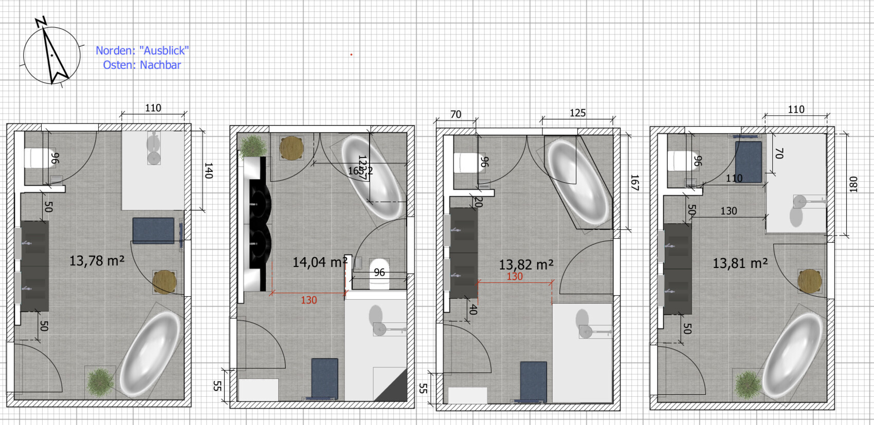 Vier Grundrisse eines Apartments mit Badewanne, Küche und Wohnbereich; Orientierung Nord/Ost.