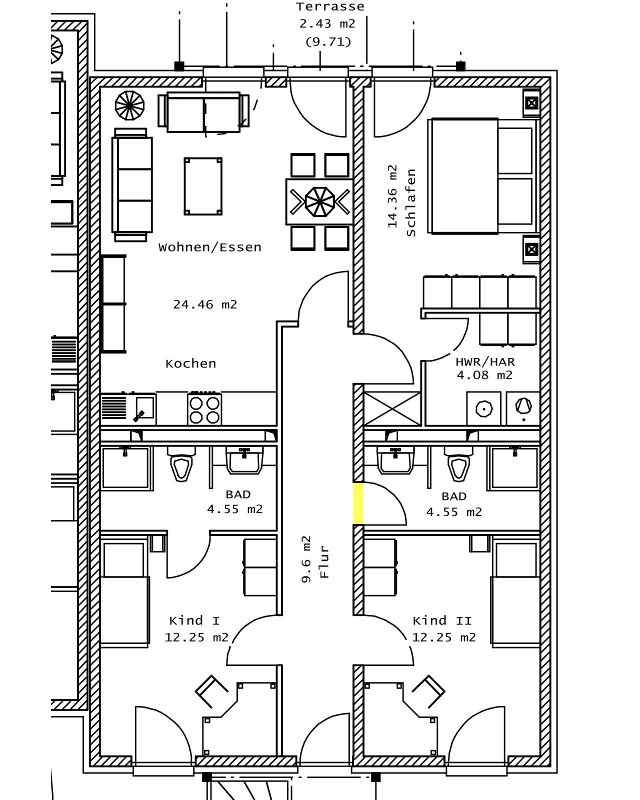Grundriss einer Wohnung mit Kueche, Wohnzimmer, Schlafzimmer, Bad, Flur und Terrasse.