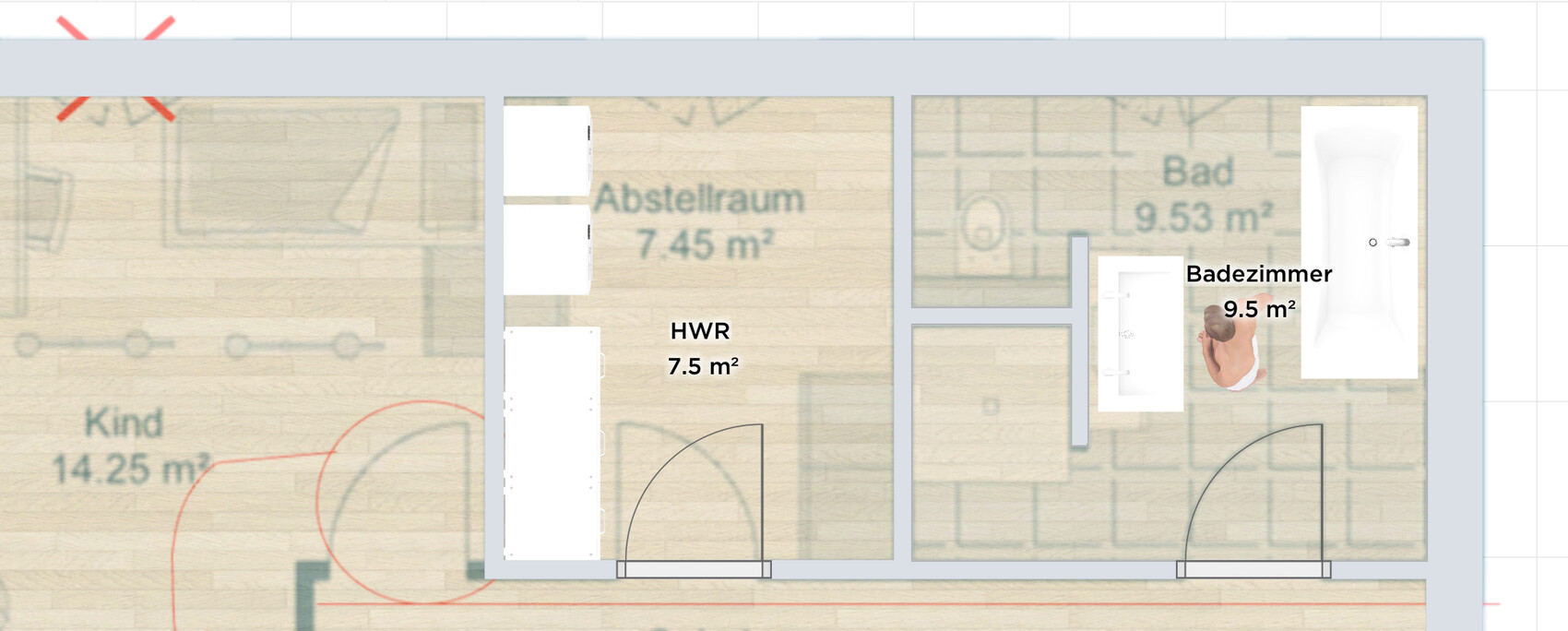 Grundrissplan einer Wohnung mit Abstellraum, HWR und Bad, Türen sichtbar.
