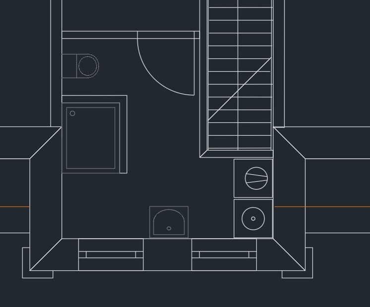 2D-Grundriss zeigt Bad, Treppe und Küchenbereich in einem Wohnungsplan