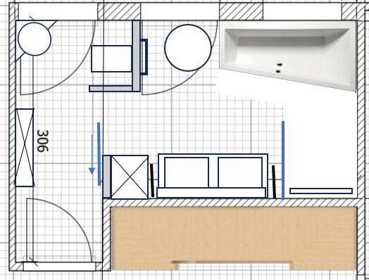 Grundriss eines Bades und Wohnraums: Badewanne rechts, Sofa in der Mitte, Tür links.