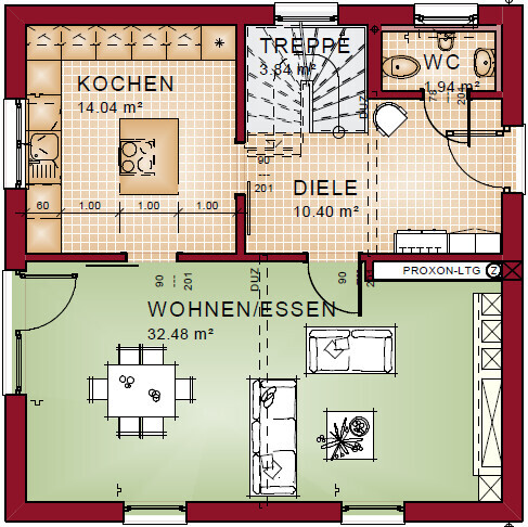 Gesamtgrundriss einer Erdgeschoss-Wohnung mit Küche, Essbereich, Wohnzimmer, Diele und Treppe