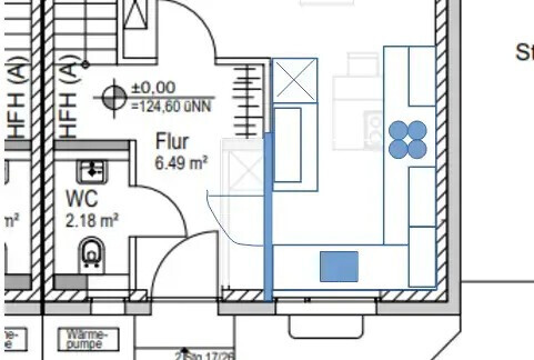 2D-Grundriss einer Wohnung mit Flur und WC, Badbereich sichtbar