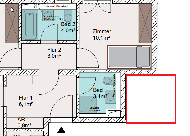 Grundrissplan einer Wohnung mit Fluren, Bad und Zimmer