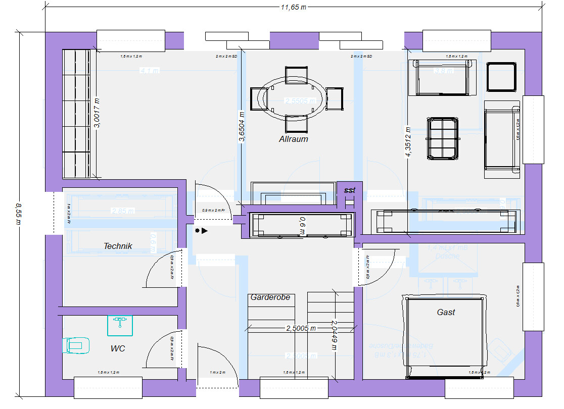 Grundriss eines Wohnhauses: Allraum in Mitte, Technik links, Gast rechts, Garderobe.