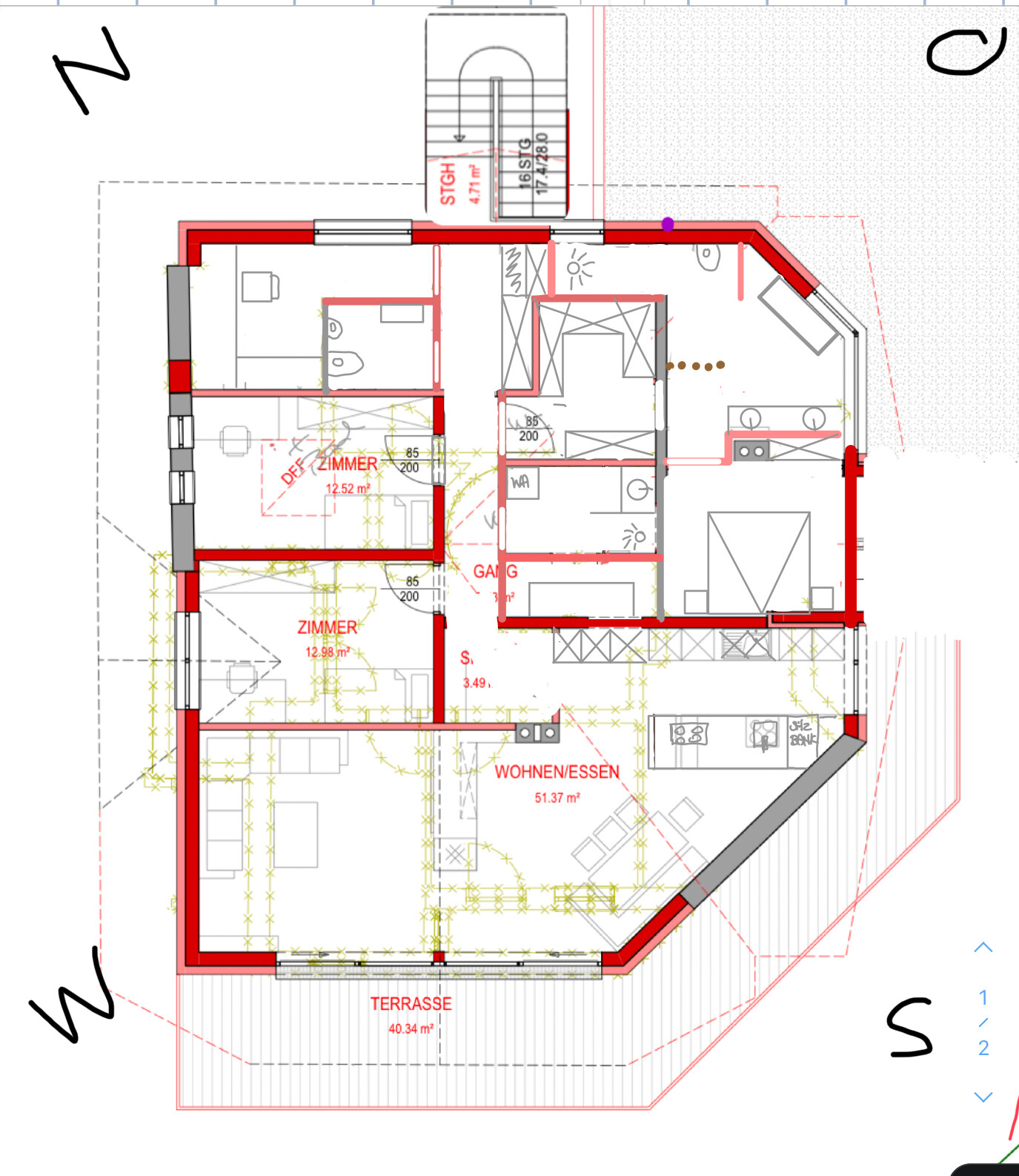 Grundriss einer Wohnung: Wohnzimmer/Essbereich, Küche, zwei Zimmer, Bad, Terrasse.