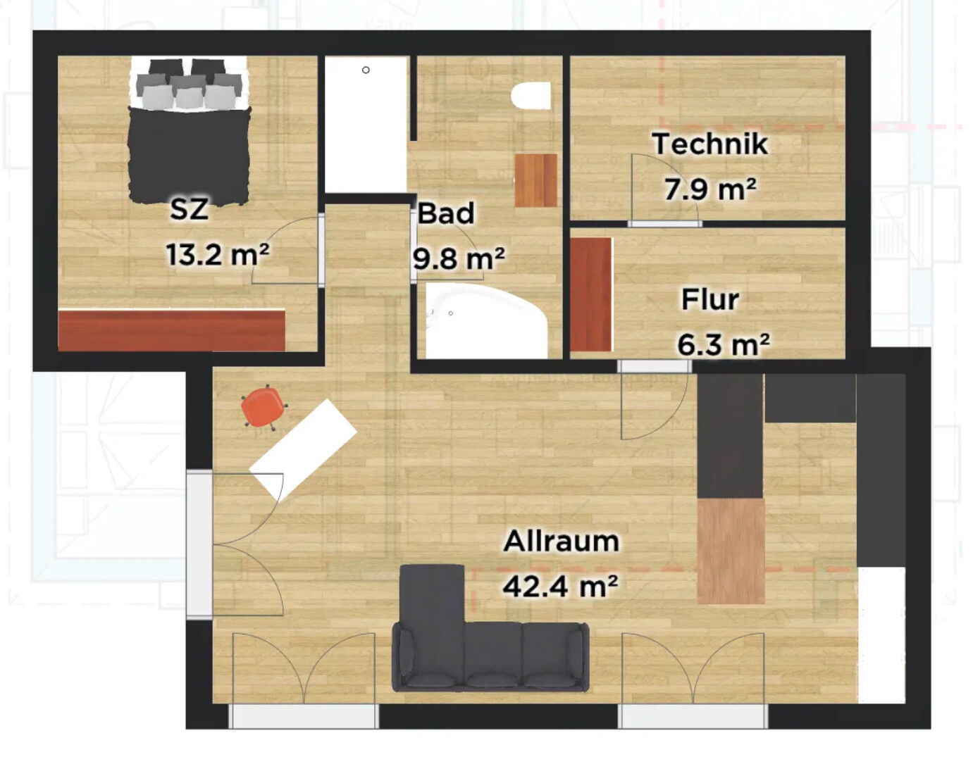 Grundriss einer Wohnung: Allraum mit Sofa und Küche, Schlafzimmer, Bad, Flur, Technik.
