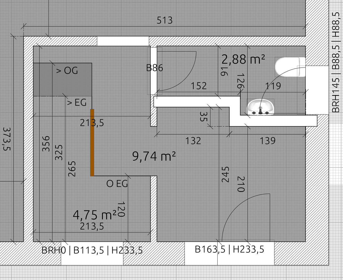 Grundriss einer Wohnung mit mehreren Zimmern, Türen und Flächenangaben in m².