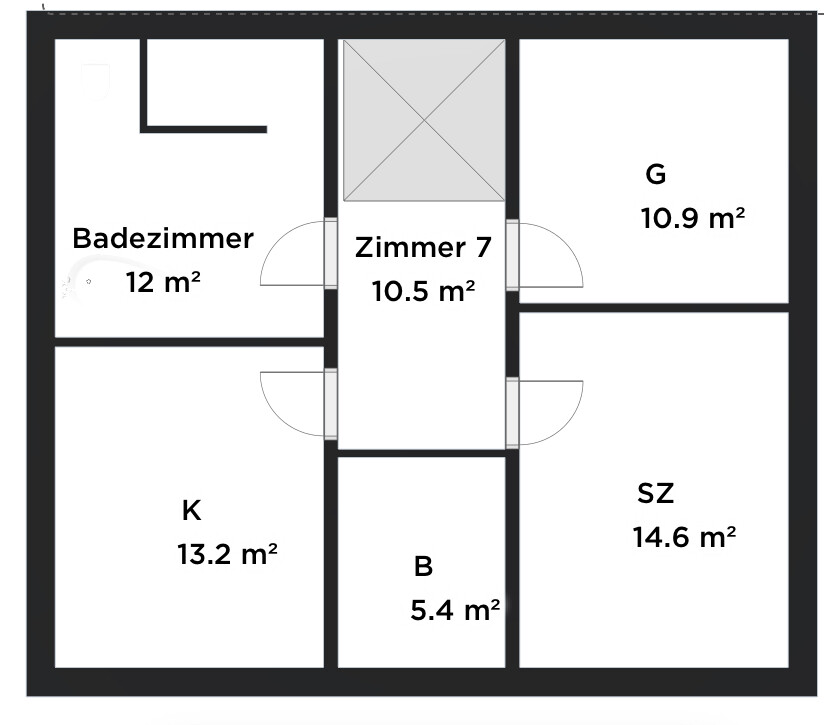 Grundriss eines Apartments mit sechs Räumen: Badezimmer 12 m², K 13.2 m², SZ 14.6 m², B 5.4 m², Z 10.5 m², G 10.9 m².