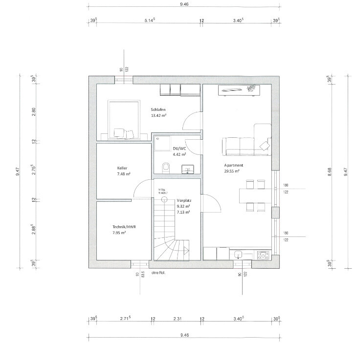 Grundriss eines Apartments: Wohnzimmer mit offener Küche, Schlafzimmer, Bad, Flur, Keller