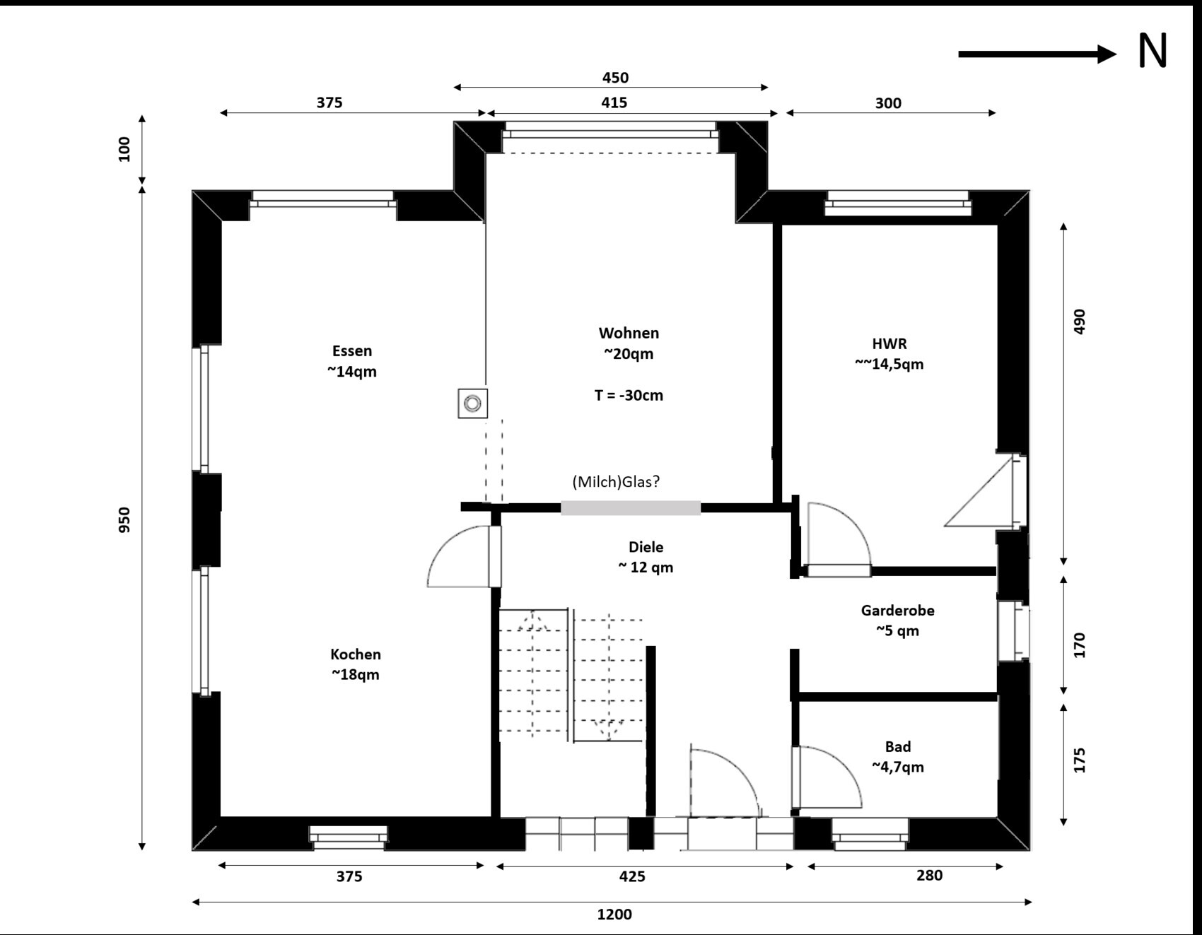 Grundriss eines Hauses mit Wohnen, Essen, Kochen, Bad, Garderobe, HWR und Diele, Maßangaben