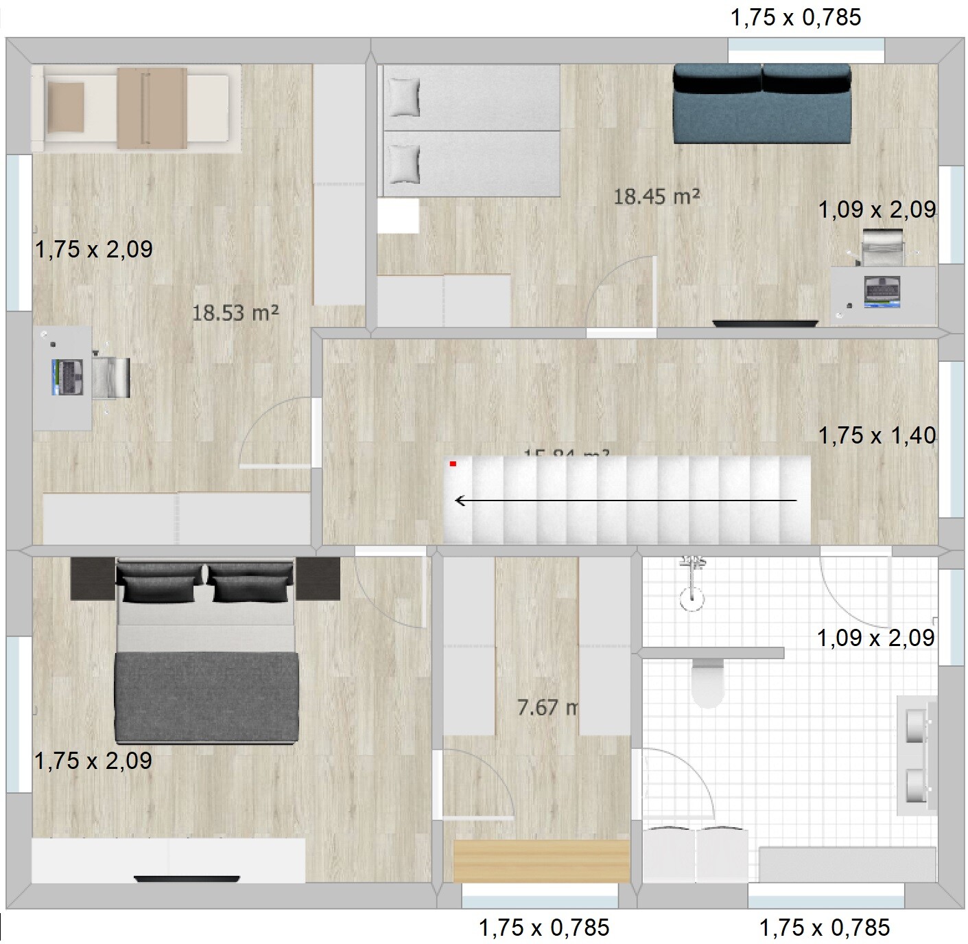 Grundriss einer Wohnung mit Schlafzimmer, Arbeitszimmer, Wohnzimmer, Küche und Badezimmer.