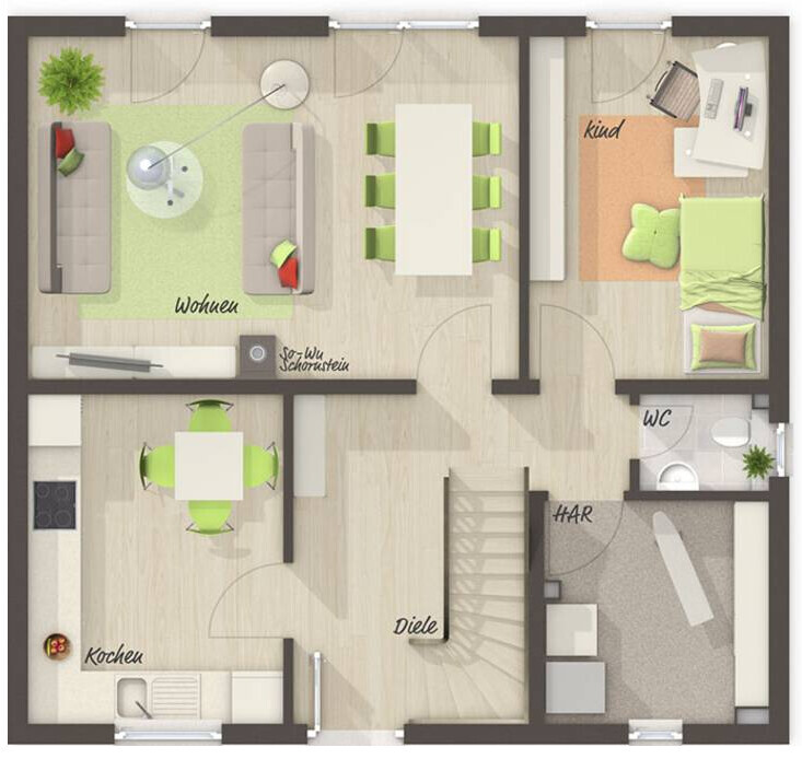 Grundriss einer Wohnung mit Wohnzimmer, Küche, Essbereich, Flur, Kinderzimmer, WC, Diele