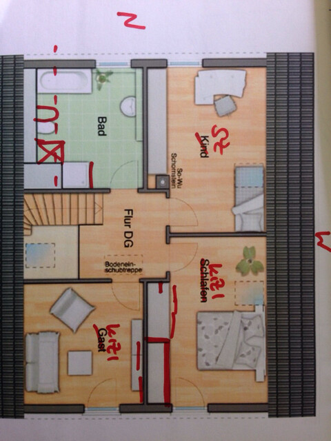 Dachgeschoss-Grundriss mit Bad, Flur, Kinderzimmer, Schlafzimmer und Wohnzimmer.