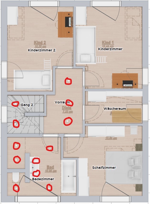 Grundriss eines Hauses mit zwei Kinderzimmern, Schlafzimmer, Bad, Badezimmer, Wäscheraum und Flur