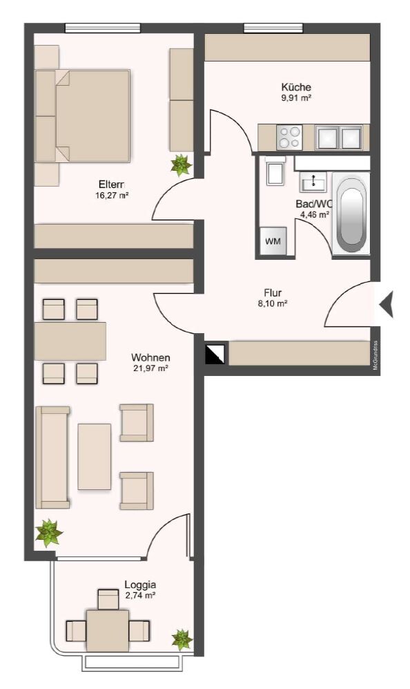 Grundriss einer Wohnung: Wohnzimmer, Elternschlafzimmer, Küche, Bad/WC, Flur und Loggia.