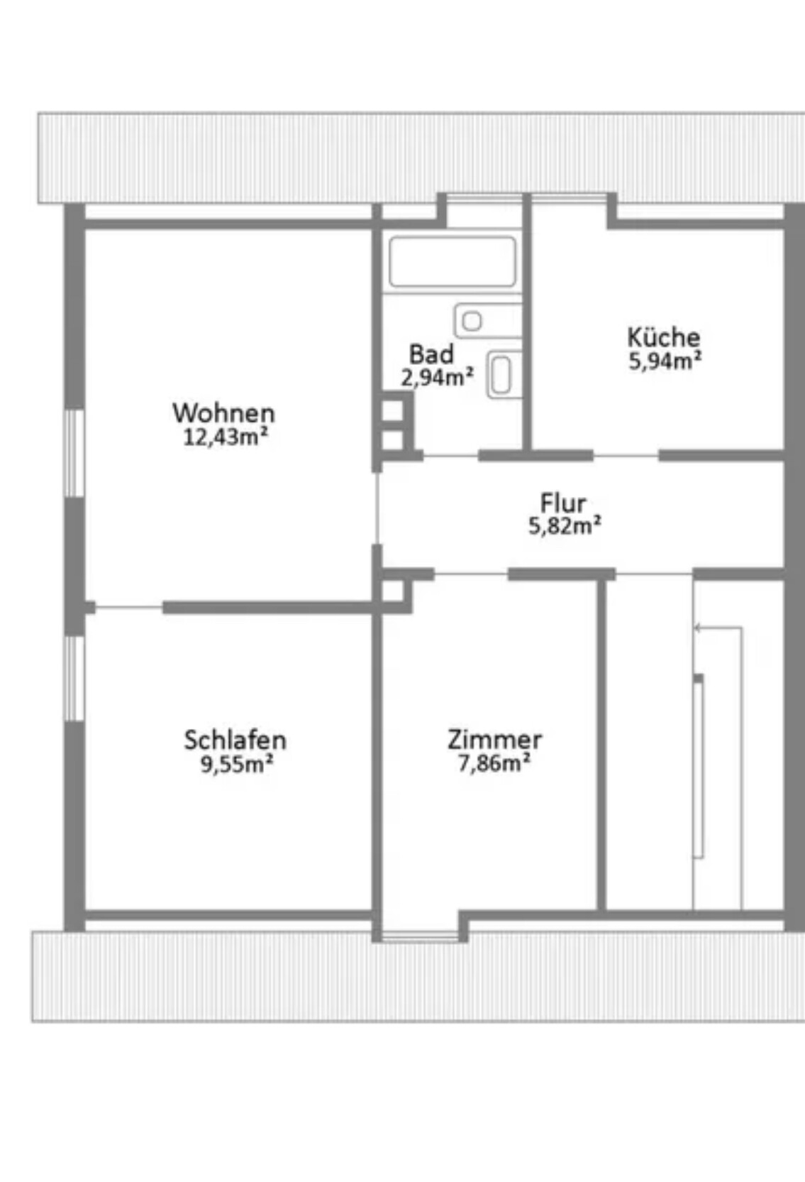 2D Grundriss einer Wohnung mit Wohnzimmer, Küche, Bad, Flur und Schlafzimmer