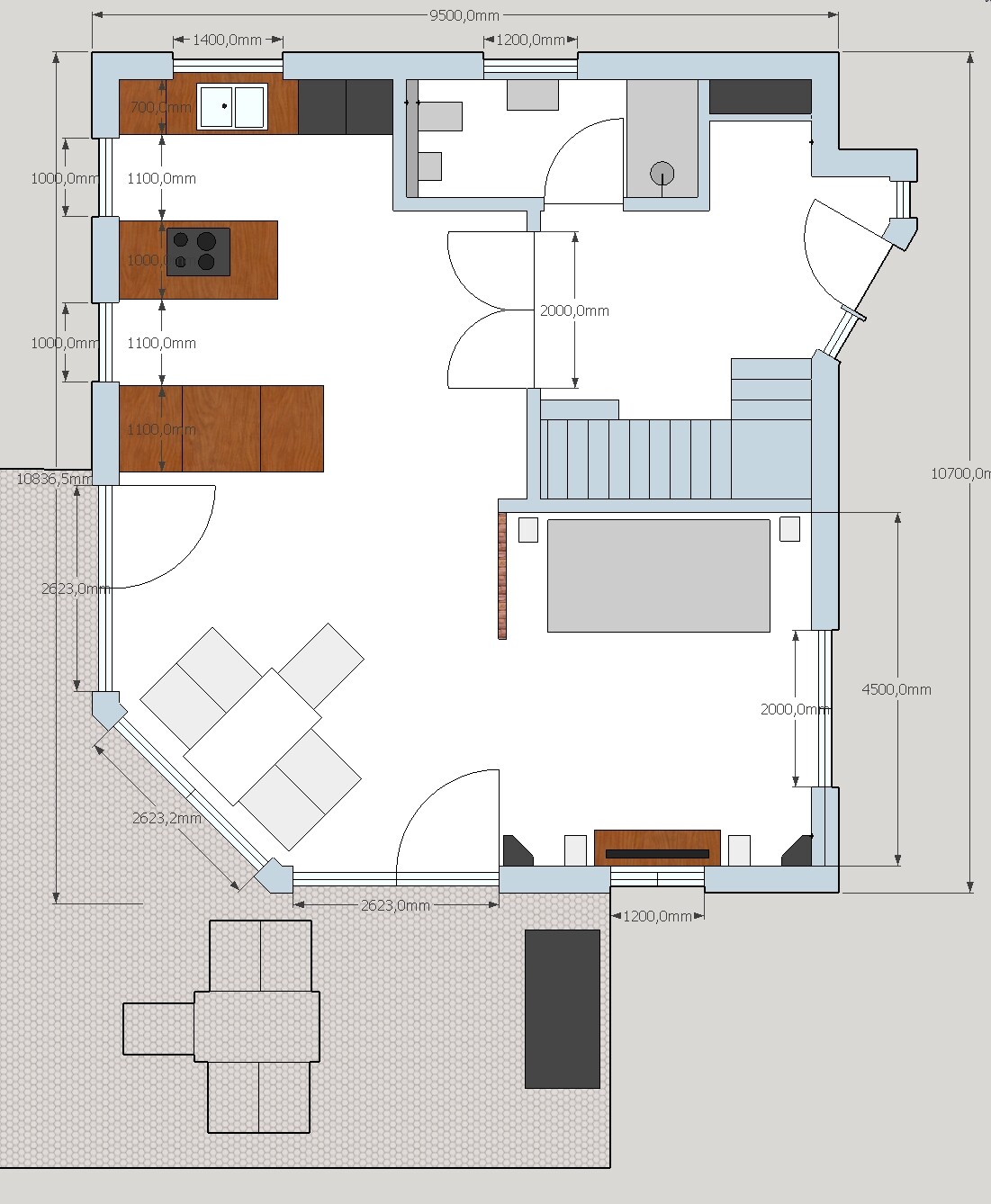 Grundriss eines Wohn- und Küchenbereichs mit Kochinsel, Esstisch, Treppe und Außenbereich.