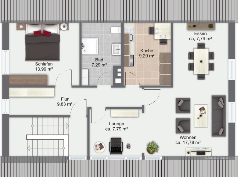 Grundriss einer Wohnung: Schlafzimmer, Bad, Küche, Flur, Lounge, Wohnen, Essen