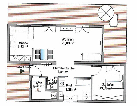 Grundriss einer Wohnung mit Küche, Wohnen, Schlafen, Bad, Flur und Terrasse