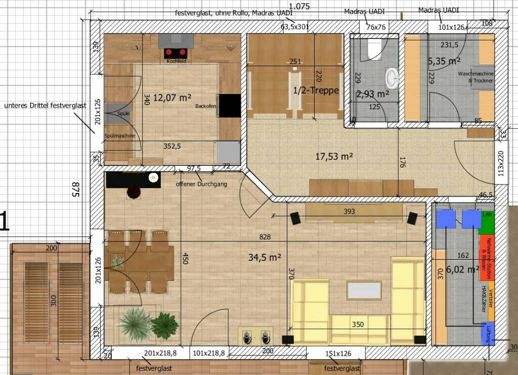 Zweidimensionaler Grundriss einer Wohnung mit Küche, Essbereich, Wohnzimmer und Treppen.