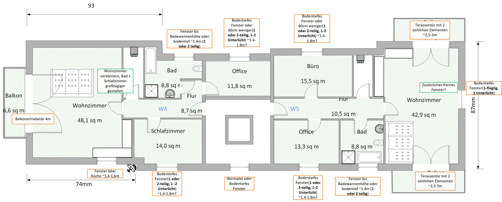 2D-Grundriss einer Wohnung mit Wohnzimmer, Bad, Schlafzimmer, Buero und Terrasse