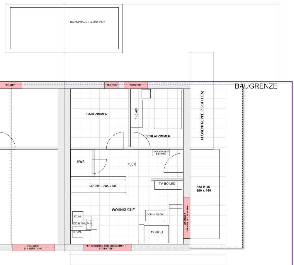 Grundriss einer Wohnung: Wohnzimmer mit Küche, Schlafzimmer, Bad, Flur und Balkon.