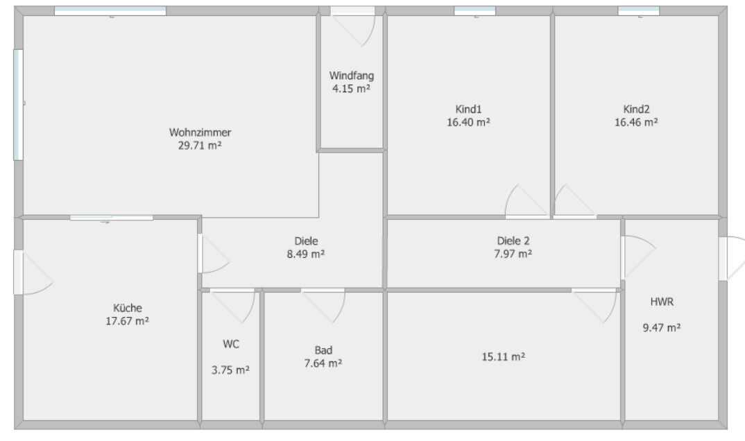 Grundriss eines Hauses: Wohnzimmer, Kueche, Bad, WC, Diele, Windfang, HWR, Kind1, Kind2.