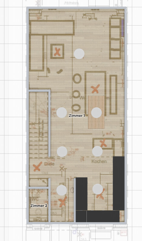 Grundriss einer Wohnung mit zwei Zimmern, Diele und Küche im Grundrissplan