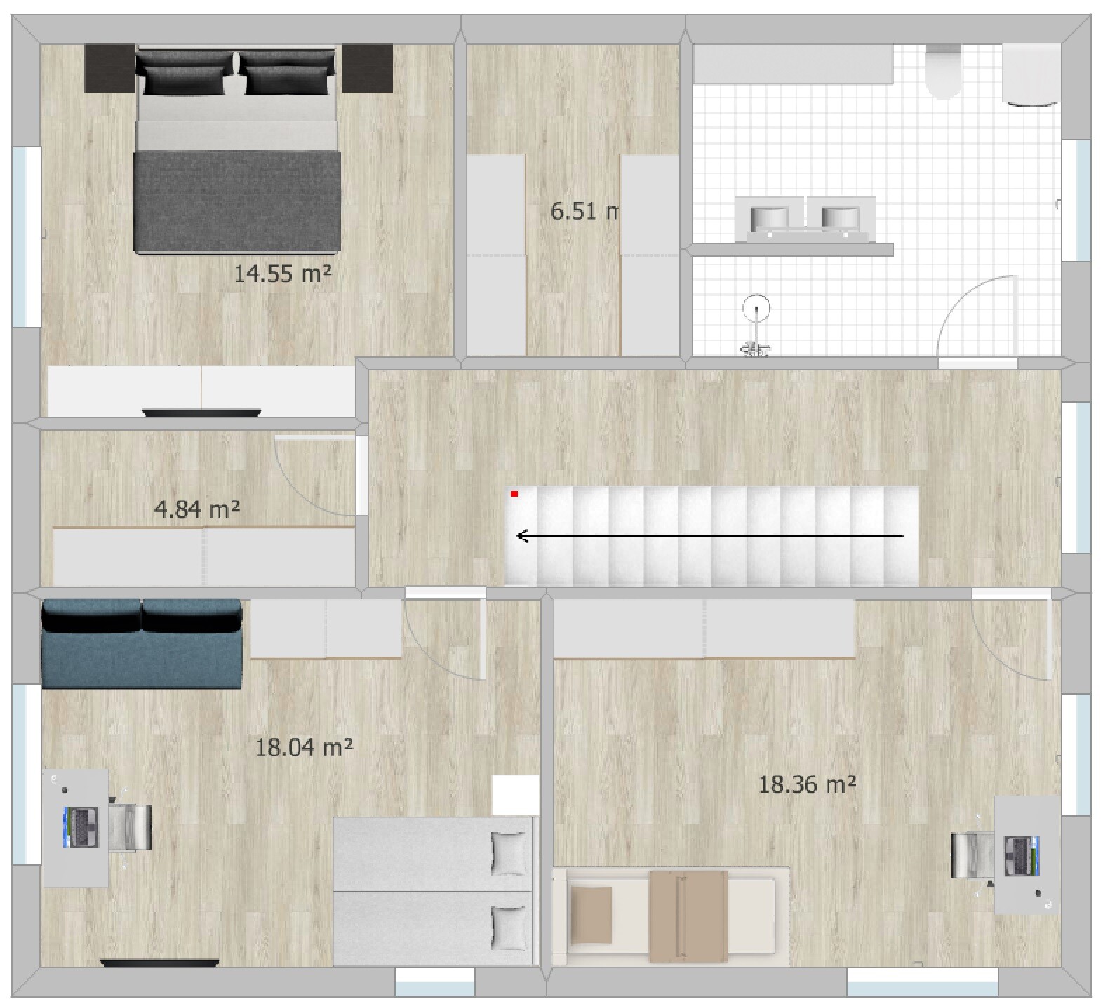 Überblick: Grundriss einer Wohnung von oben mit Schlafzimmer, Bad, Küche, Flur und zwei Zimmern.
