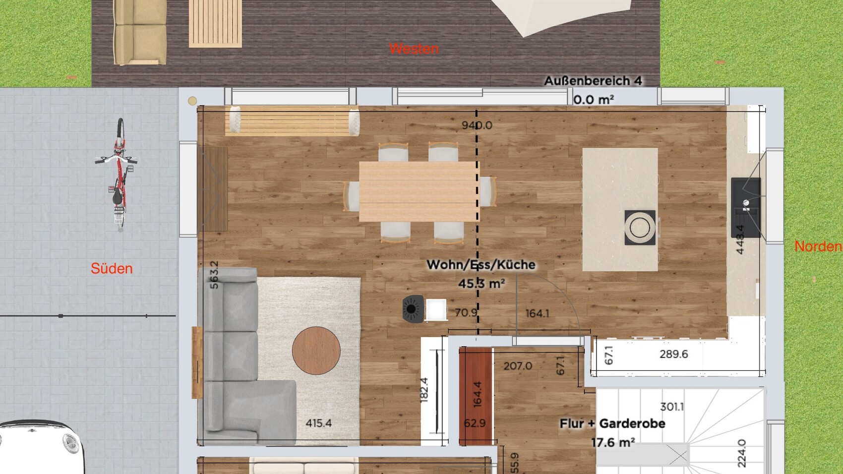 Vogelperspektive Grundriss: offener Wohn-Ess-Küche mit Esstisch, Sofa und Insel; Terrasse.