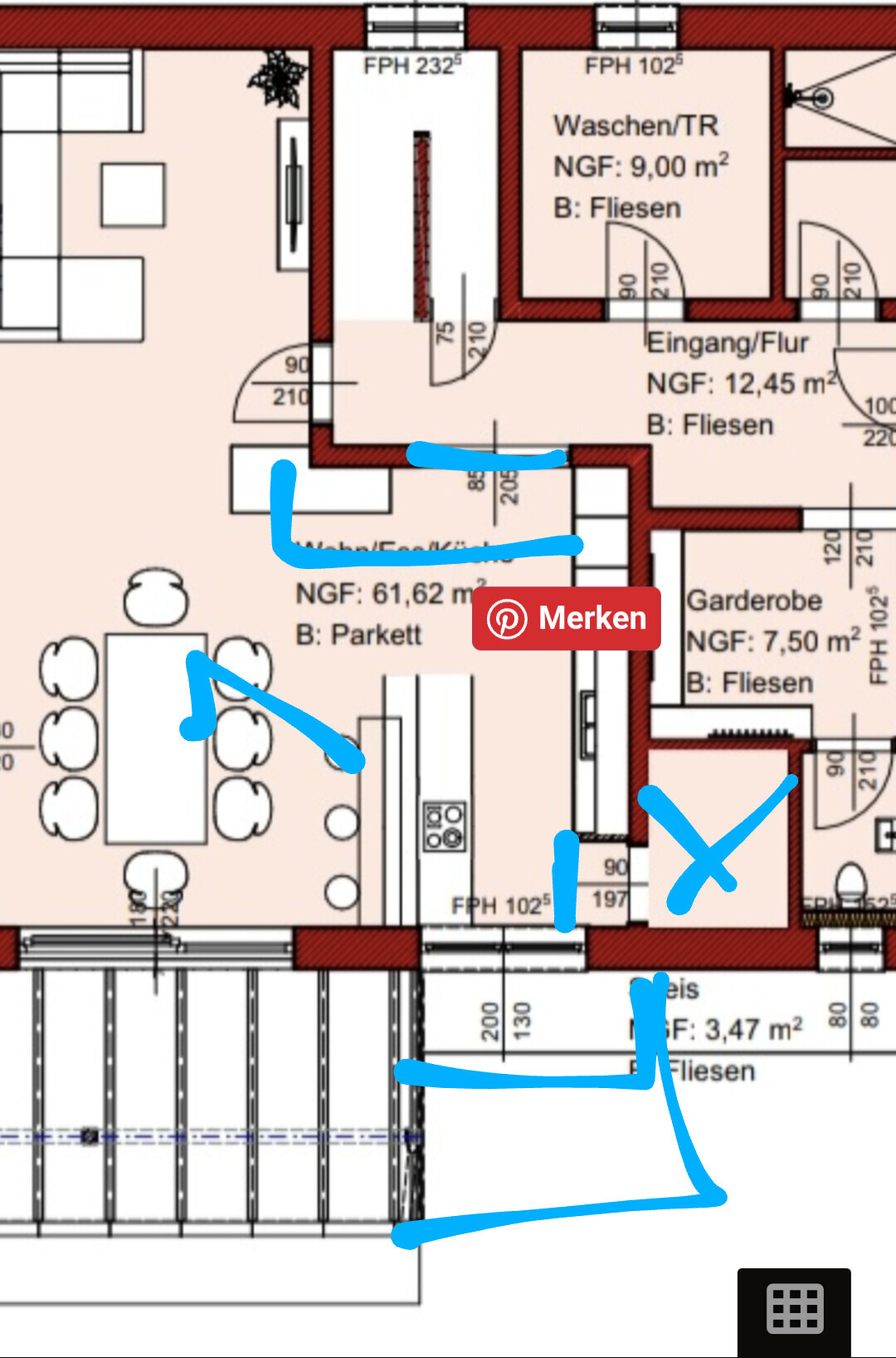 Grundriss einer Wohnung mit Wohn-/Essbereich, Flur, Waschen/Tr, Garderobe; Parkett und Fliesen.